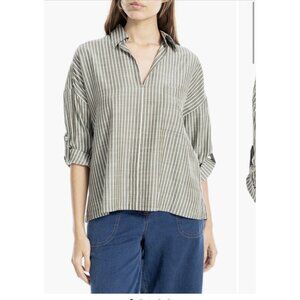 Max Studio Blouse Women's L Striped Button Up Short Sleeve Tunic Pocket Olive
